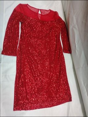 R&M Richards Red Sequin Mesh Yoke Cocktail Dress